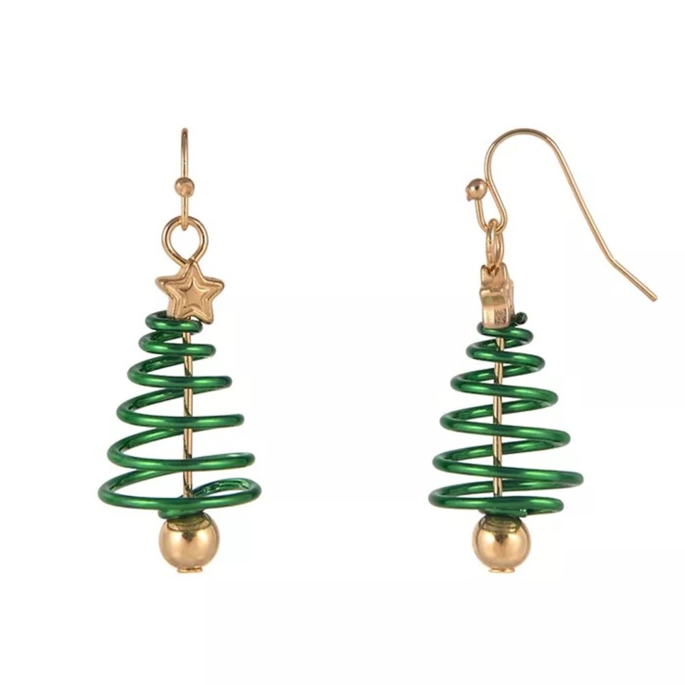 Gold and Green Christmas Tree Earrings